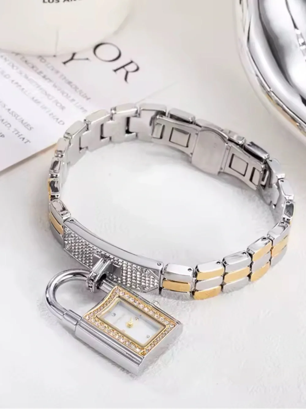 Two-Tone Silver and Gold Padlock Charm Bracelet Watch for Women